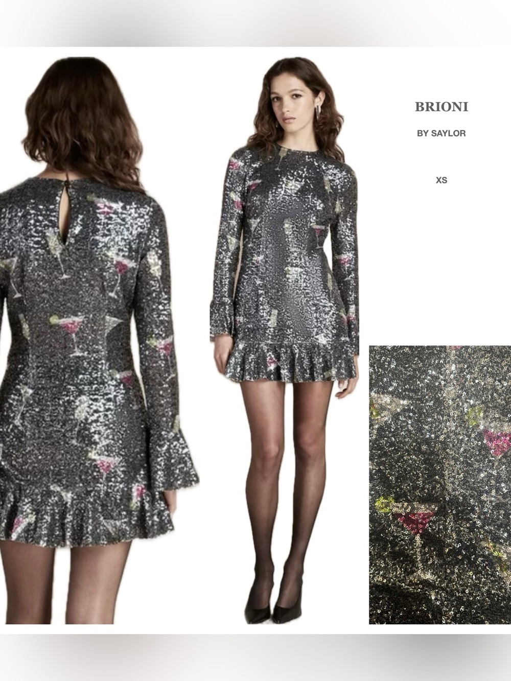 SAYLOR Metallic Sequin Mini Dress in Silver with Pink & Gold Motifs